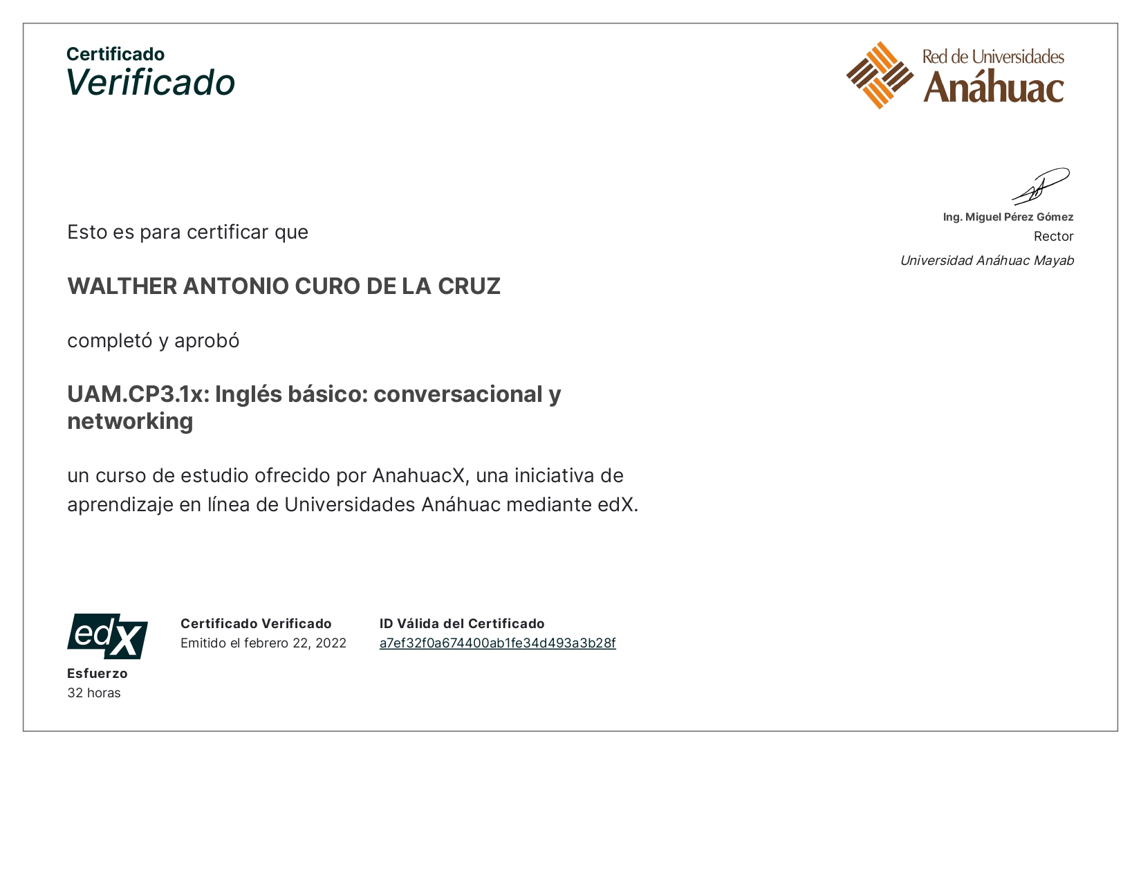 Certificado AnahuacX UAM.CP3.1x Inglés básico conversacional y networking