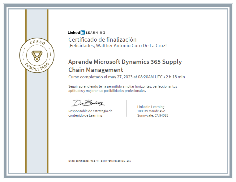 Certificado Aprende Microsoft Dynamics 365 Supply Chain Management