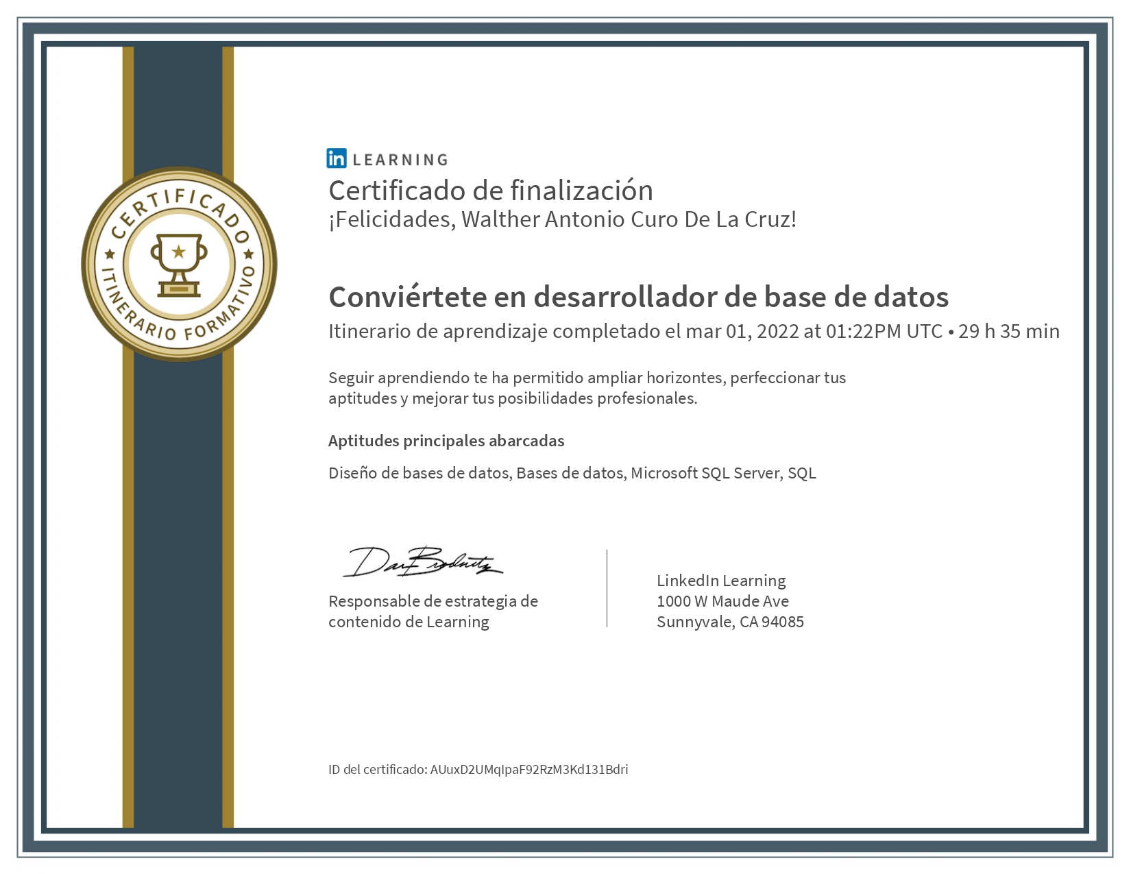 Certificado Conviertete en desarrollador de base de datos