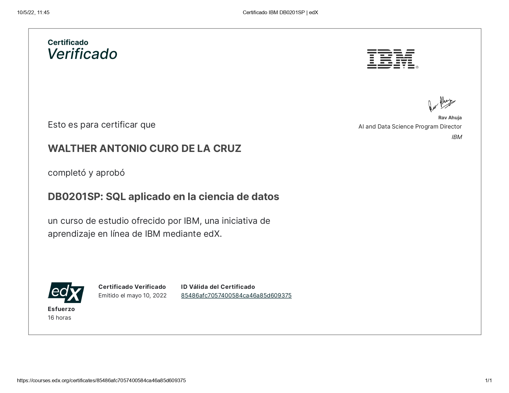 Certificado IBM DB0201SP SQL aplicado en la ciencia de datos