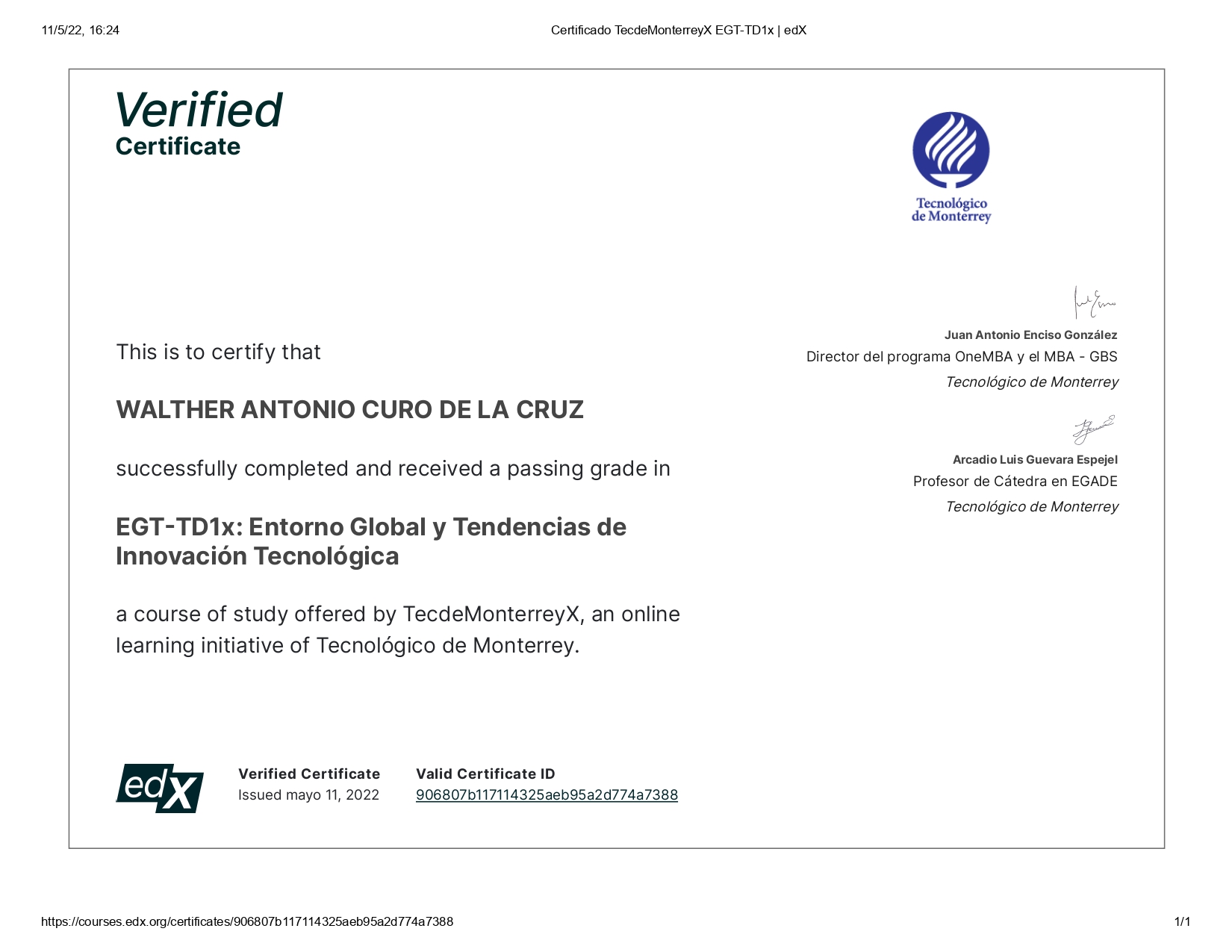 Certificado TecdeMonterreyX EGT-TD1x Entorno Global y Tendencias de Innovación Tecnológica