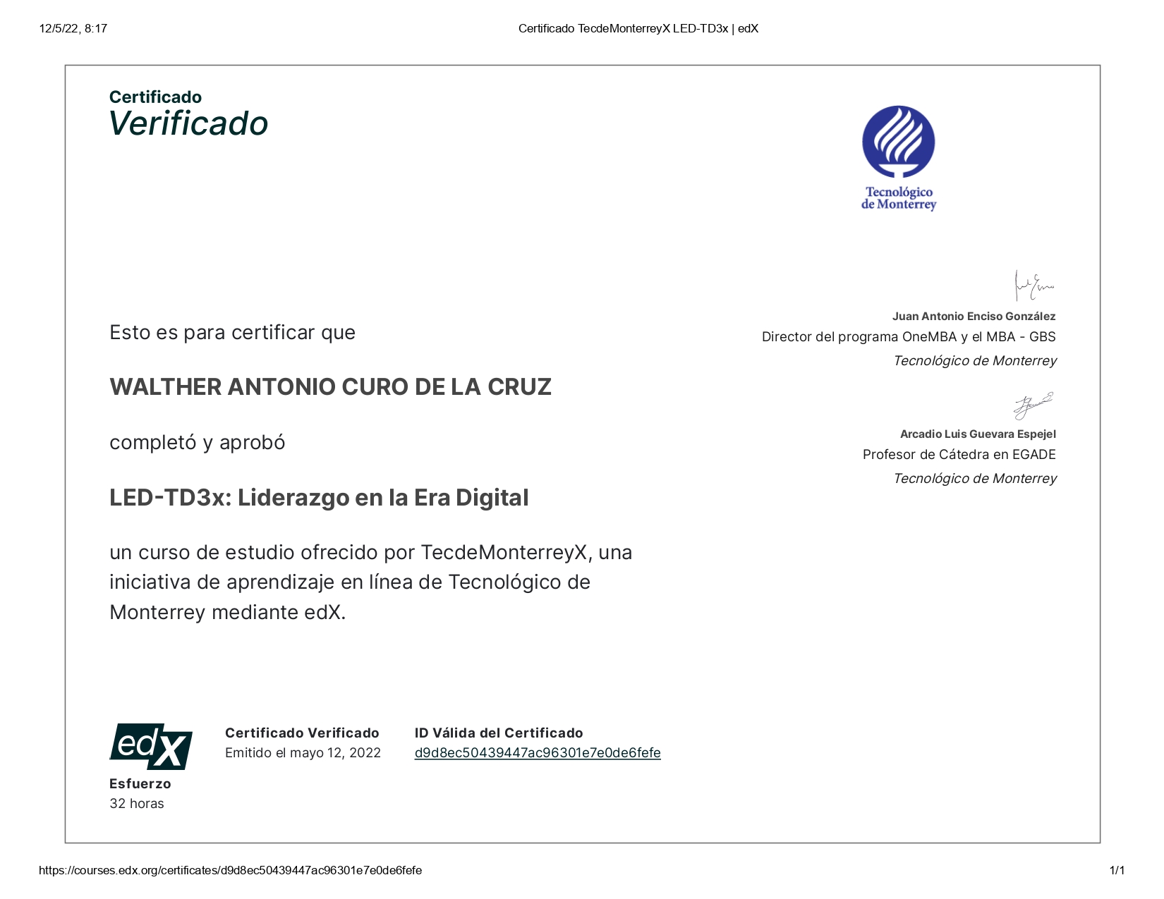 Certificado TecdeMonterreyX LED-TD3x Liderazgo en la Era Digital