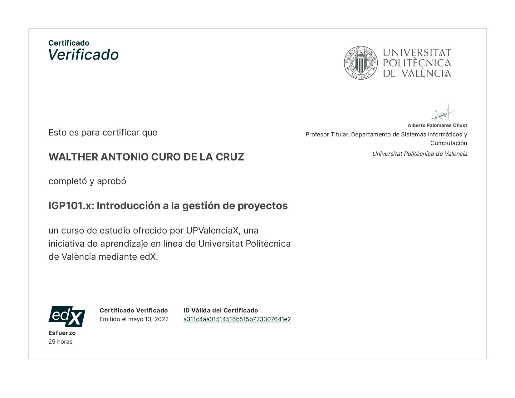Certificado UPValenciaX IGP101.x Introducción a la gestión de proyectos